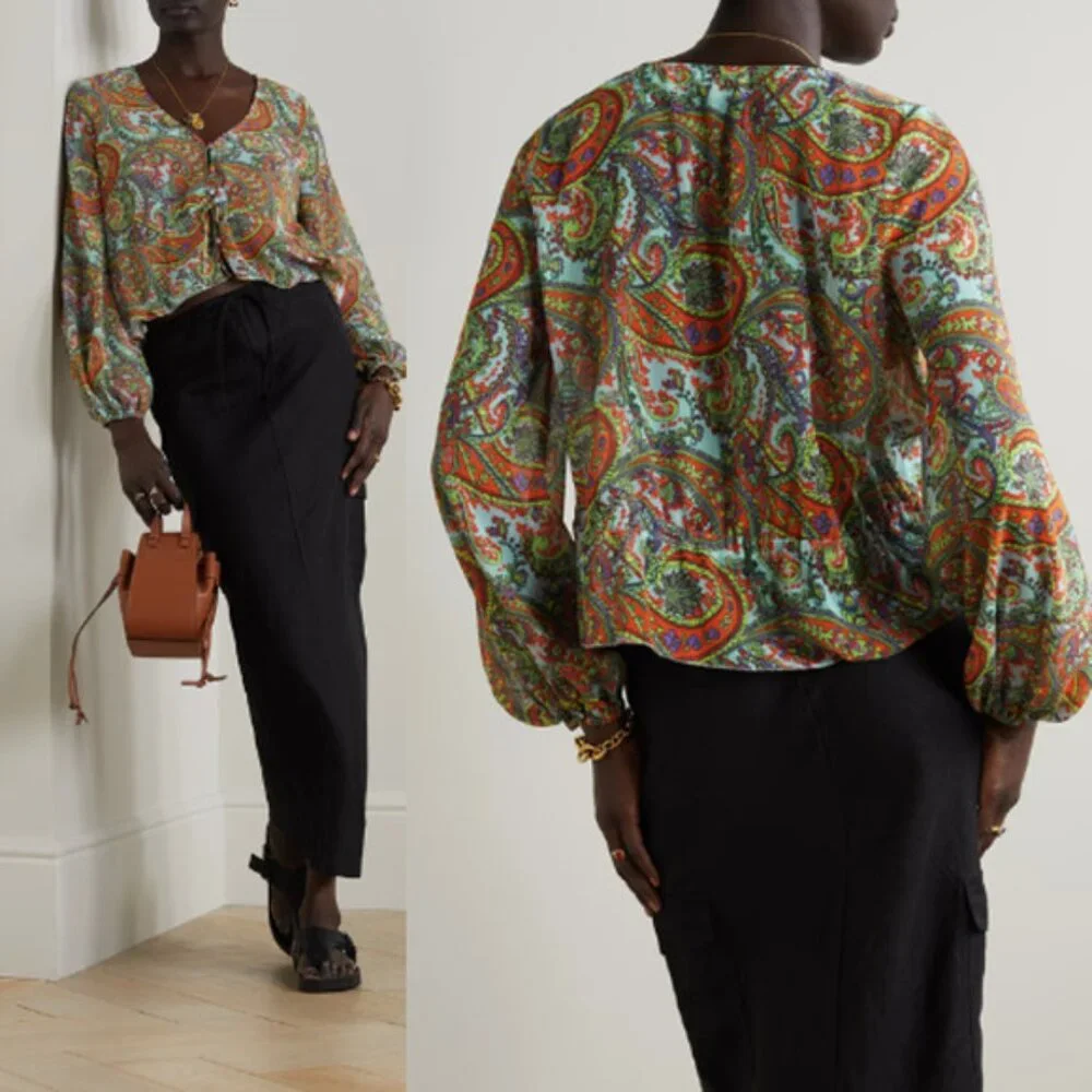 NWT L'agence Pixie Bohemian Long Sleeve Paisley Print Crepe De Chine Blouse Red - Picture 8 of 8